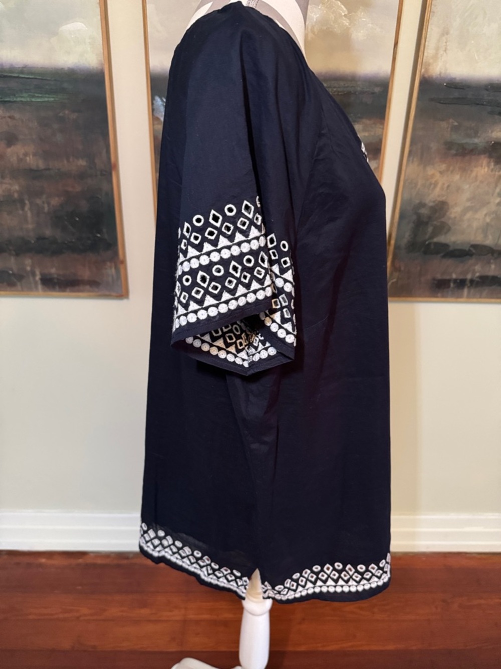 Talbots Navy Tunic with White Geometric Embroidery Accents Size XL - Picture 7 of 11